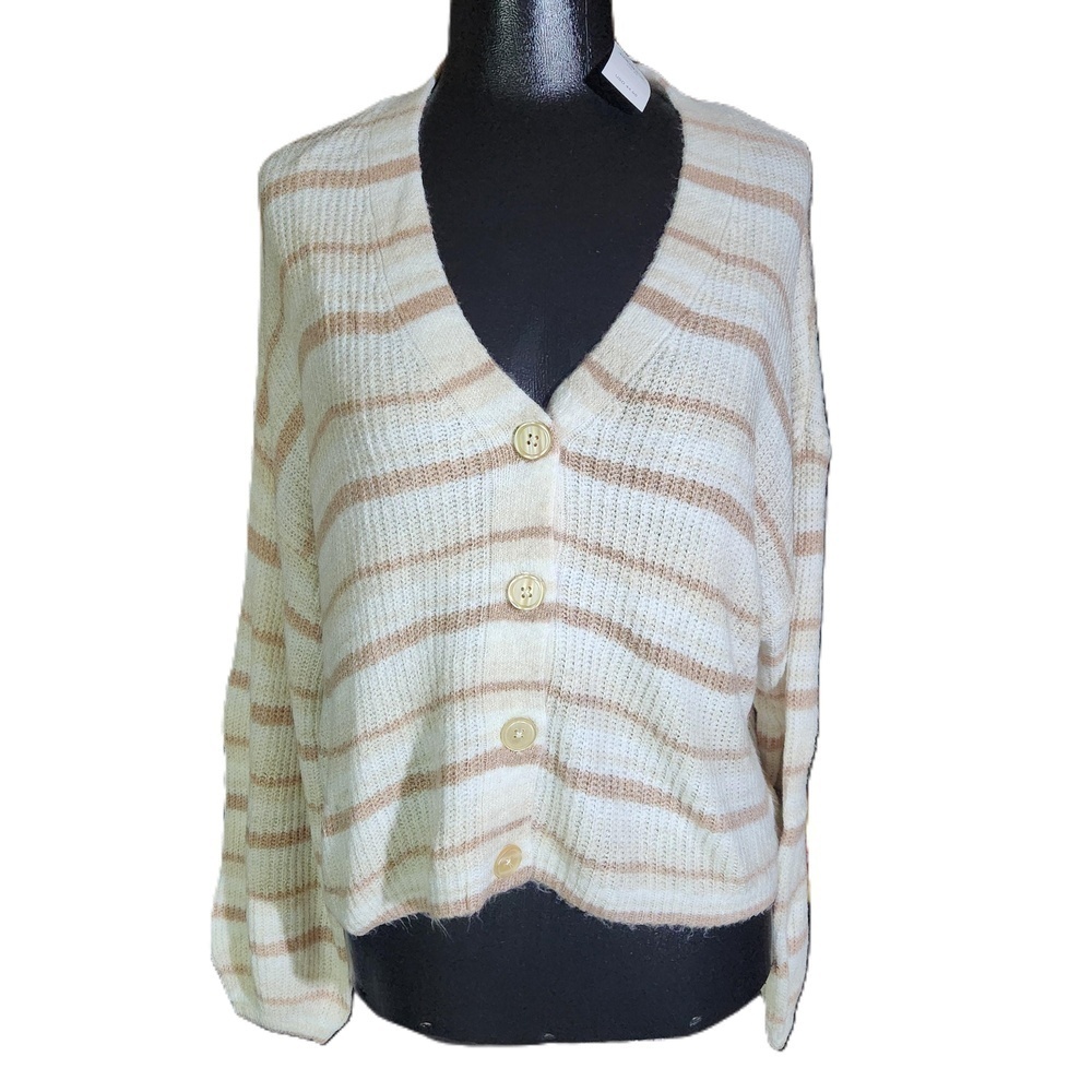 American Eagle Cream Brown Stripe Button Up Cardigan Medium